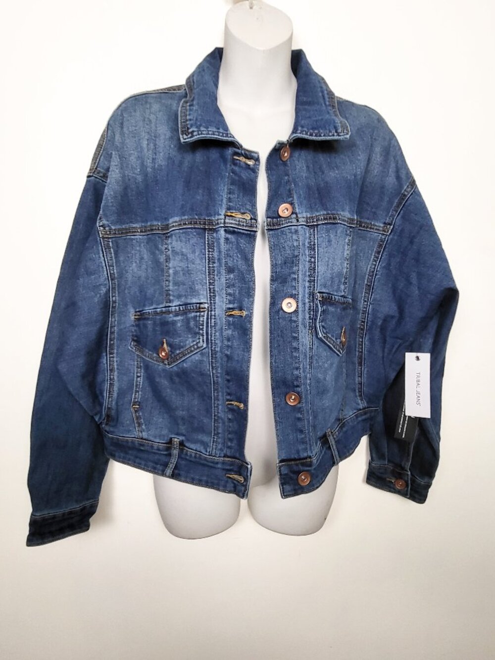 NWT Tribal Jeans Women's Drop Shoulder Cropped Denim Jean Jacket | Size SMALL